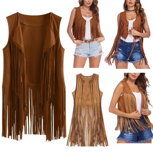 2026 Women's Suede Tassel Vest Jacket Sleeveless Mid-length