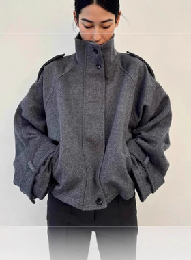 High Quality Temperament Gray Stand llar Women's Loose Casua