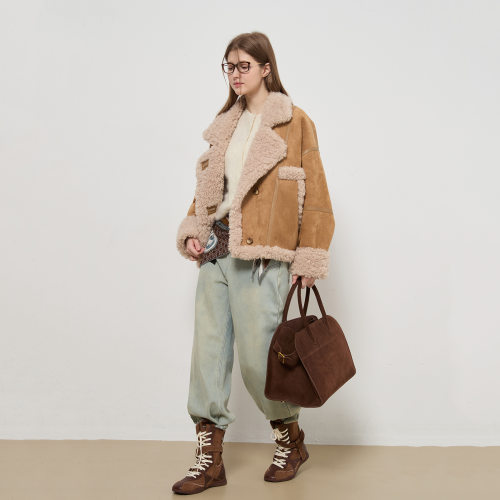Lapel Suede Lamb Wool One-piece Thickened Jacket For Women 2