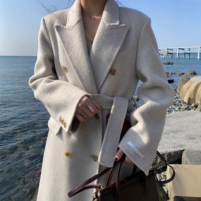 【2238】women's Long Shoulder Slim Wool at High-end Belted D
