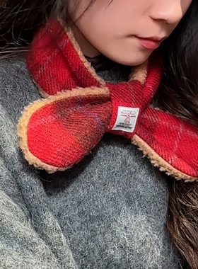 哈里斯羊毛呢交叉围脖女冬harris tweed毛绒短款格纹蝴蝶结小围巾