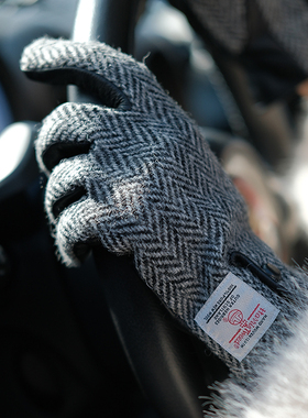 Harris tweed哈里斯粗花呢黑白人字纹加厚保暖羊毛真皮触屏手套冬