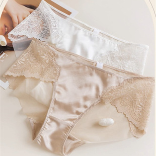 大牌同源赴约性感真丝内裤女高级感缎面桑蚕丝短裤蕾丝网纱三角裤