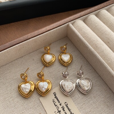 双层心形贝母贝壳耳钉爱心耳环轻奢精致时尚高级感百搭优雅耳饰女