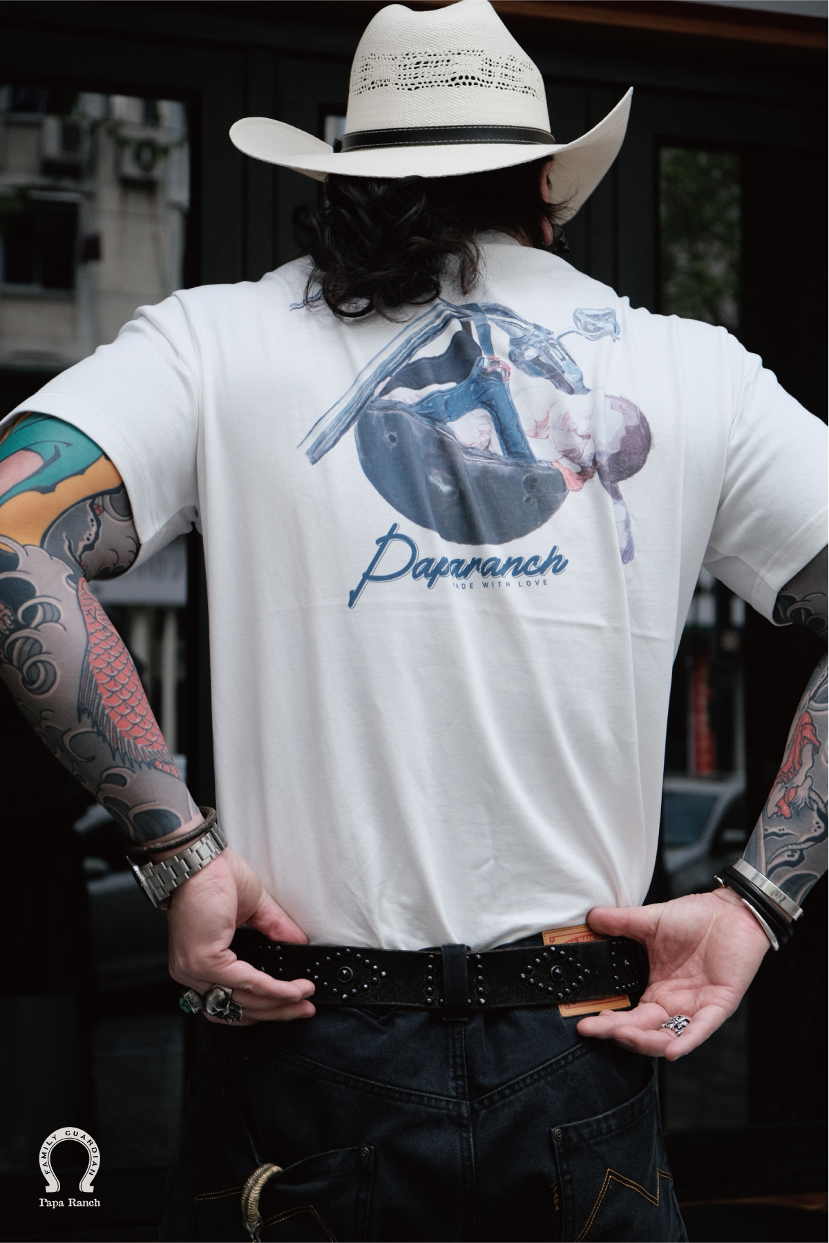 33oz PapaRanch美式复古骑行重磅T恤背后印花短袖圆领Tee合身版型