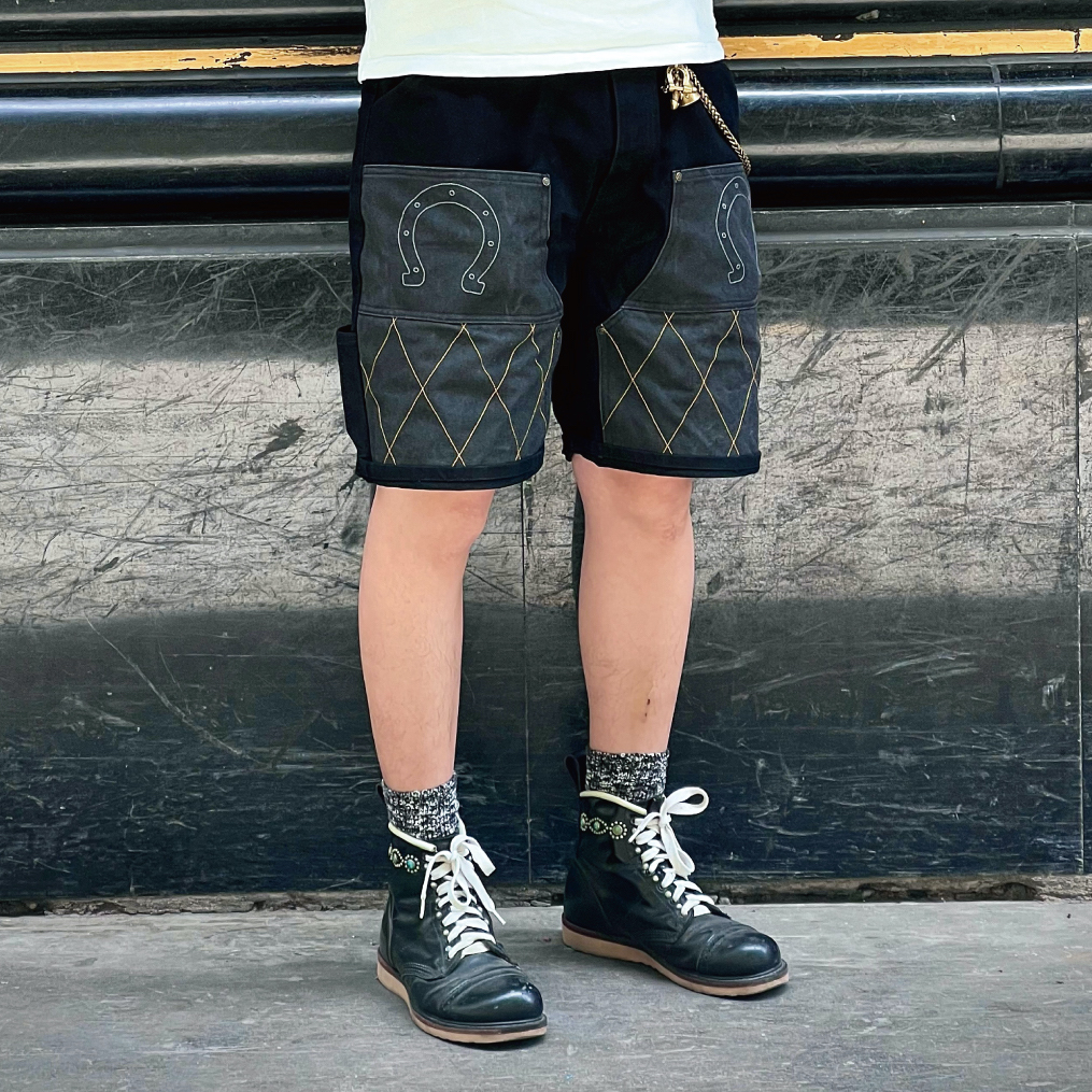 33oz PapaRanch复古马蹄刺绣双膝补强12oz骑行工装直筒宽松短裤