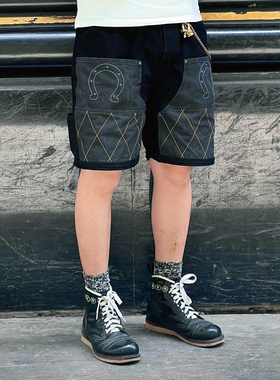 33oz PapaRanch复古马蹄刺绣双膝补强12oz骑行工装直筒宽松短裤