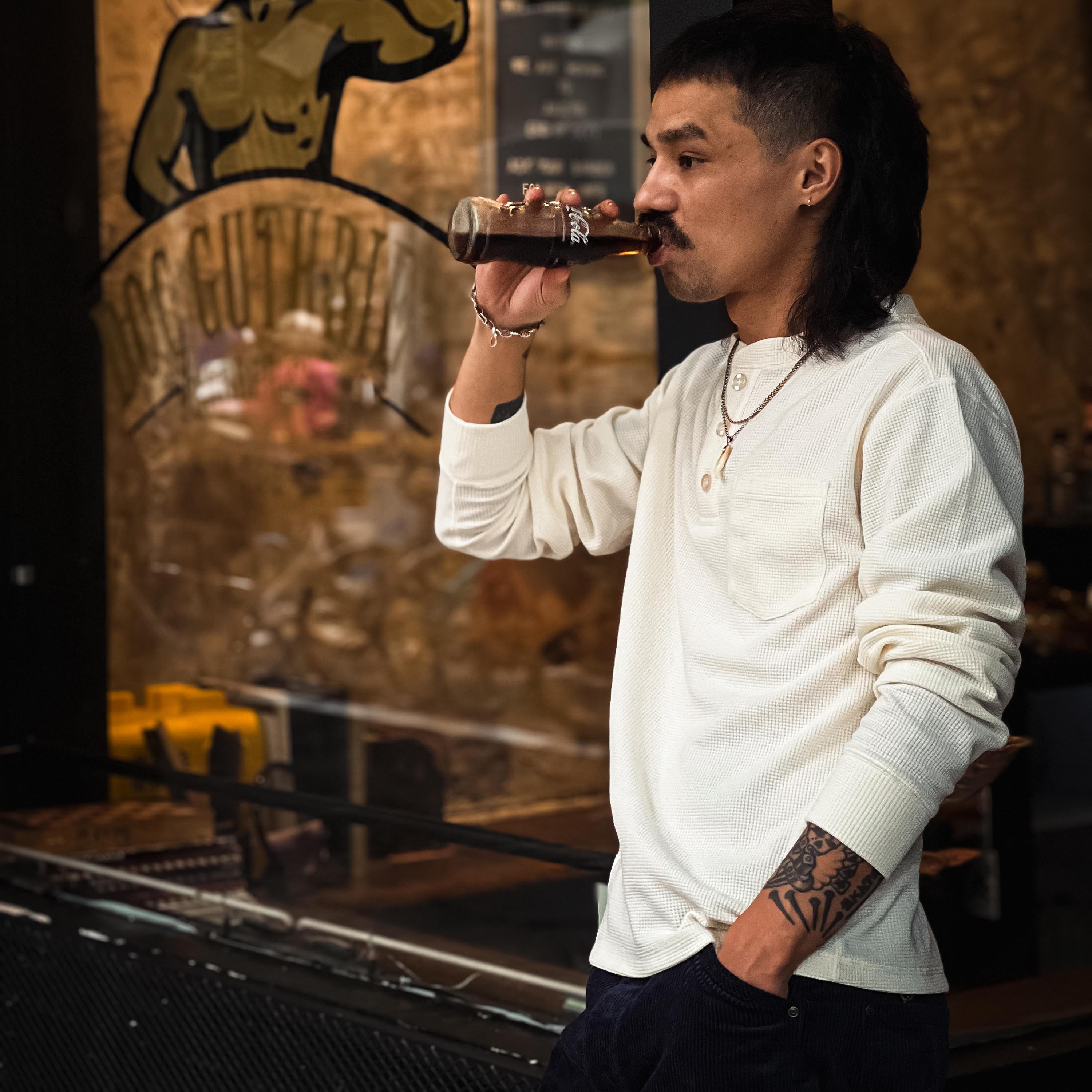 33oz PapaRanch重磅290g美式复古亨利领华夫格长袖纯色基础打底