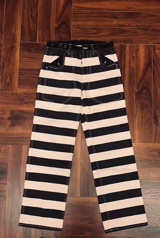 Mattson's 62701巴黎扣囚装机车长裤黑白条纹宽松