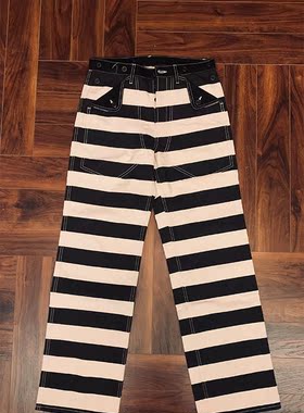 Mattson's 62701巴黎扣囚装机车长裤黑白条纹宽松