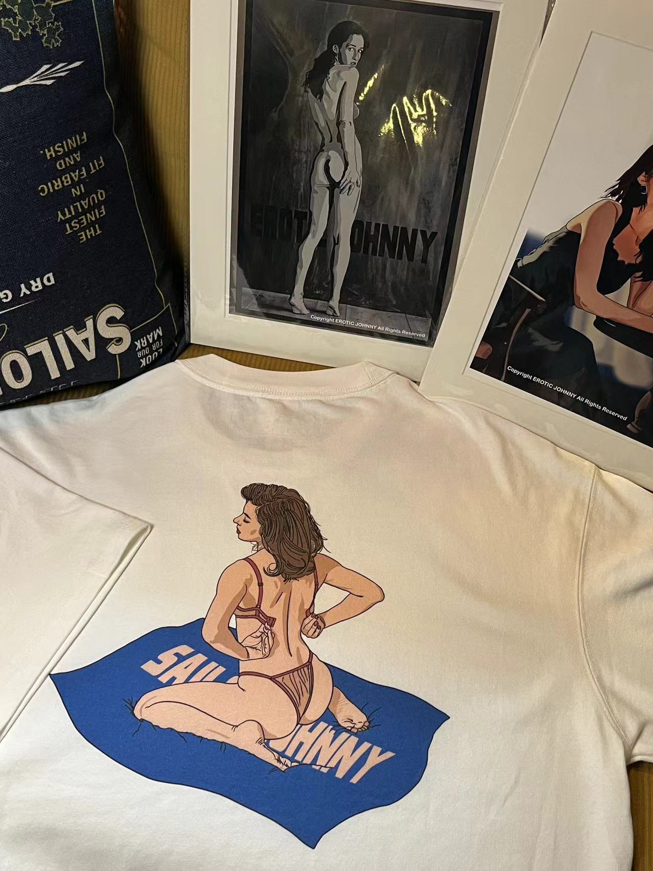 33oz SAILOR JOHNNY重磅纯棉300g粗针原创手绘美女印花T恤宽松