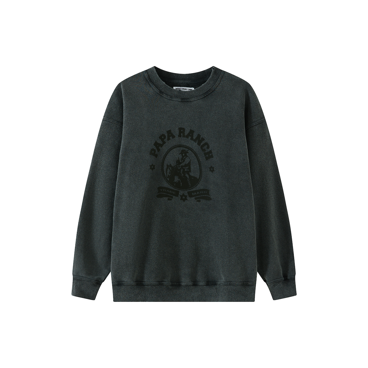 33oz PapaRanch美式复古重磅工装Logo炒雪花水洗破坏圆领套头卫衣