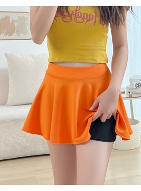 超短百褶裙橙色带内衬防走光短裙桔色松紧高腰A字裙小个子半身裙