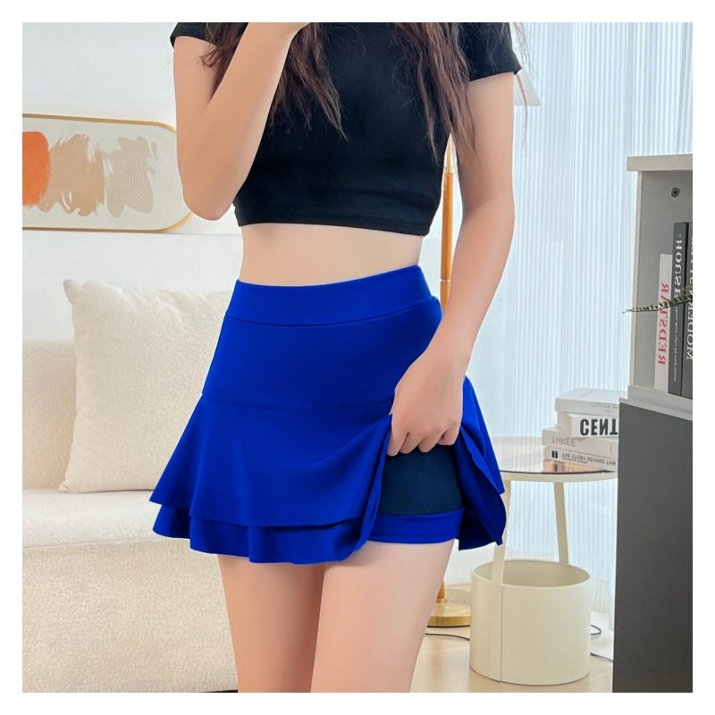 高腰蓬蓬裙半身裙短裙广场舞百褶裙小个子显腿长蛋糕裙蓝色a字裙