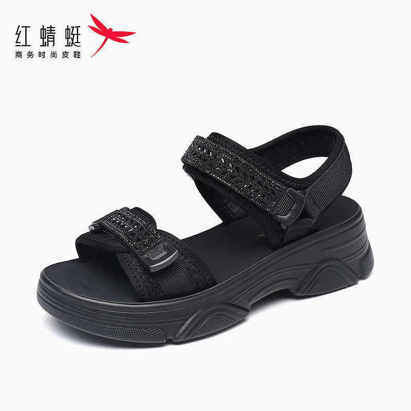 红蜻蜓品牌夏季新款厚底运动凉鞋女士防滑软底休闲轻便舒适魔术贴