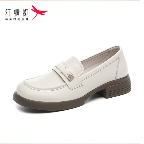 红蜻蜓真皮女鞋乐福鞋一脚蹬皮鞋