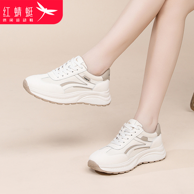 红蜻蜓运动鞋女鞋真皮轻便厚底