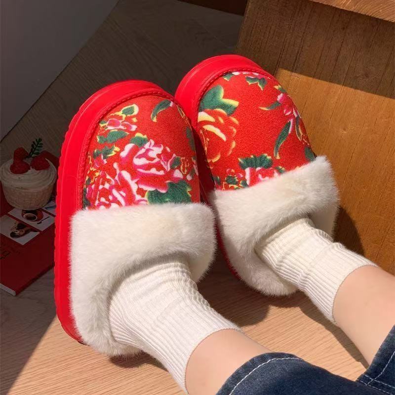 比特优女士棉拖鞋东北大花冬季加绒厚底保暖中国民族风国潮外穿款