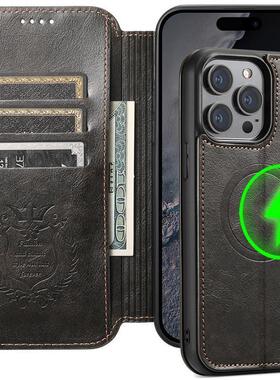 适用于iphone 14 15 pro max leather case magsaf cover苹果15plus/13/12promax插卡磁吸无线充翻盖皮套