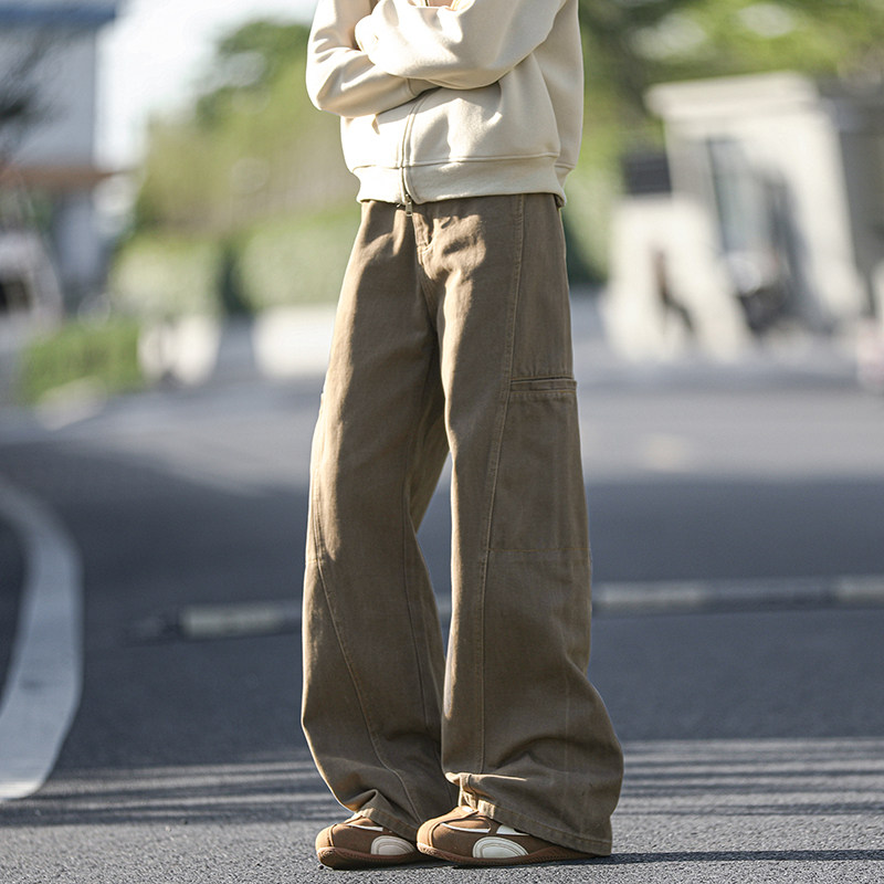 咖色工装牛仔裤男冬季加绒美式复古宽松直筒裤春秋潮牌大码拖地裤,男装牛仔裤,电商A410