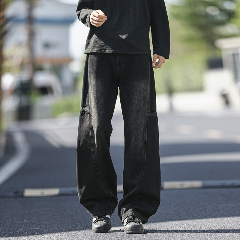 咖色工装牛仔裤男冬季加绒美式复古宽松直筒裤春秋潮牌大码拖地裤,男装牛仔裤,电商A410