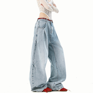 美式 P65限价99 复古褶皱阔腿牛仔裤 320g 面料 A410 牛仔裤 K8384