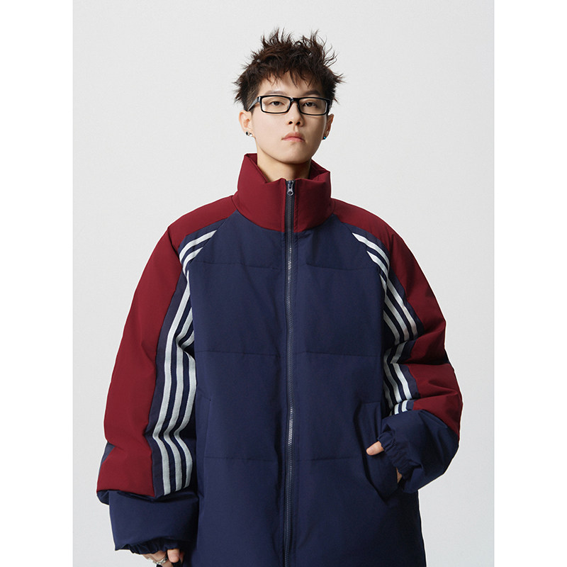 A410-WT33791-P125限价189-美式复古条纹撞色立领棉服-小牛津130g,男装棉衣,电商A410