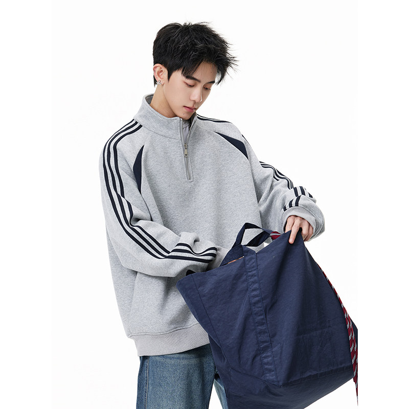 A410-WT34748-P85限价129-条纹撞色半拉链立领卫衣-400G华棉，男装卫衣，电商A410