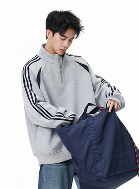 A410-WT34748-P85限价129-条纹撞色半拉链立领卫衣-400G  华棉