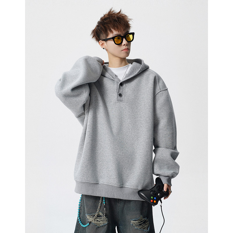 A410-A32635-P85限价129-美式重磅纽扣连帽卫衣-400g华棉复合，男装卫衣，电商A410