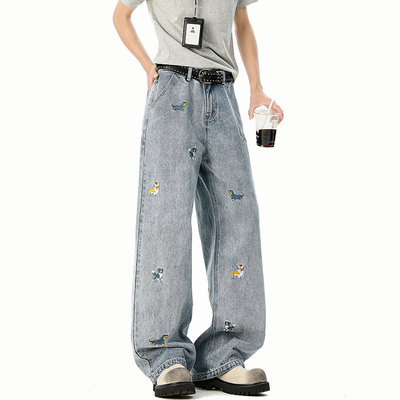A410-K7810-P70限价108-小狗刺绣水洗做旧牛仔裤