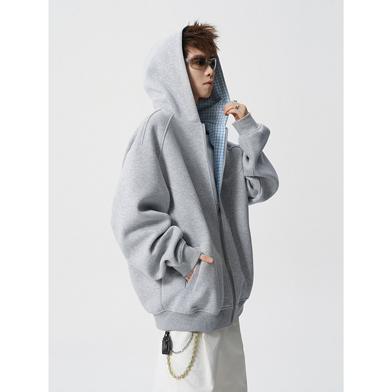 A410-WT34761-P90限价139-美式拼接格纹连帽卫衣-400g华棉，男装卫衣，电商A410