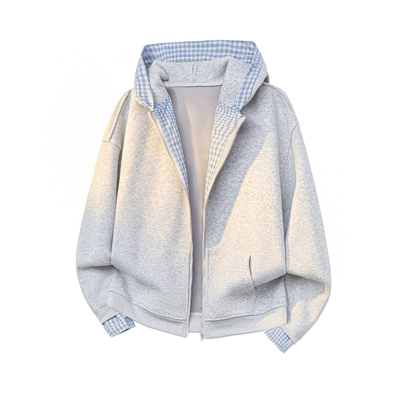 A410-WT33812-P105限价159-美式拼接格纹连帽卫衣外套-400g华棉，女装短外套，电商A410