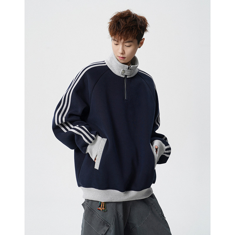 A410-A32652-特批70限价139-美式条纹撞色立领卫衣-400g华棉，男装卫衣，电商A410