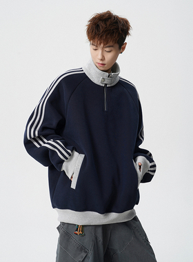 A410-A32652-特批70限价139-美式条纹撞色立领卫衣-400g 华棉