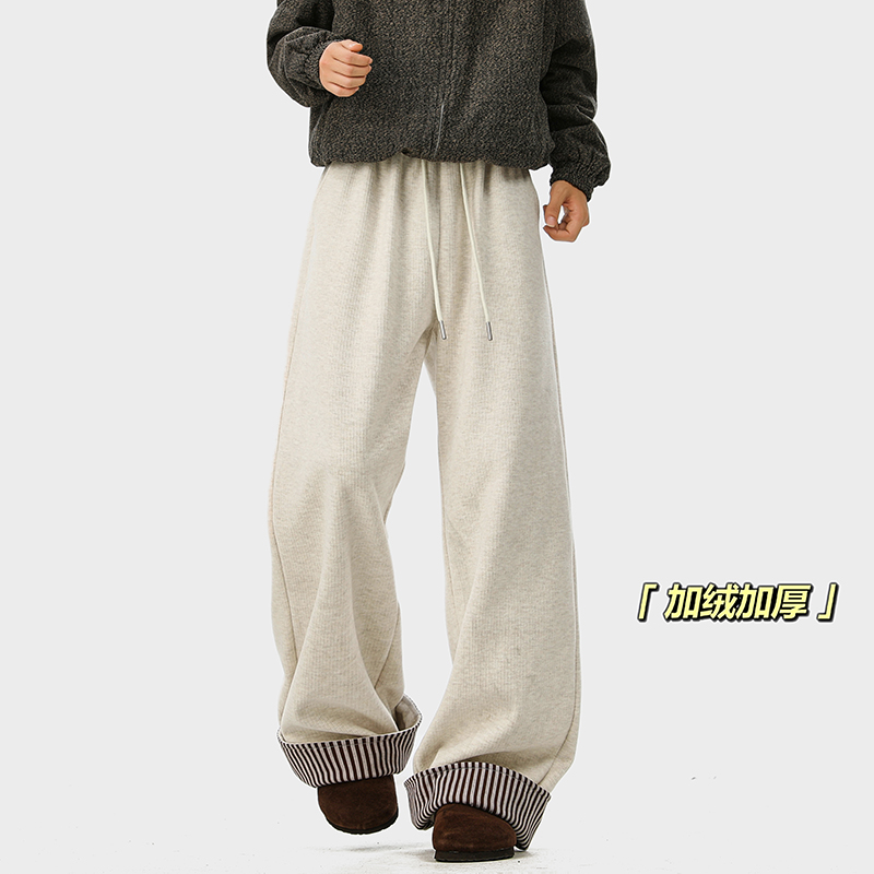 A410-K8752JR-P70限价109-条纹拼接加绒休闲裤-条条面料430g左右，男装卫衣，电商A410