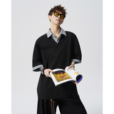 A410-T62012-P55限价99-格纹假两件翻领拼接短袖-230G索罗娜，男装T恤，电商A410