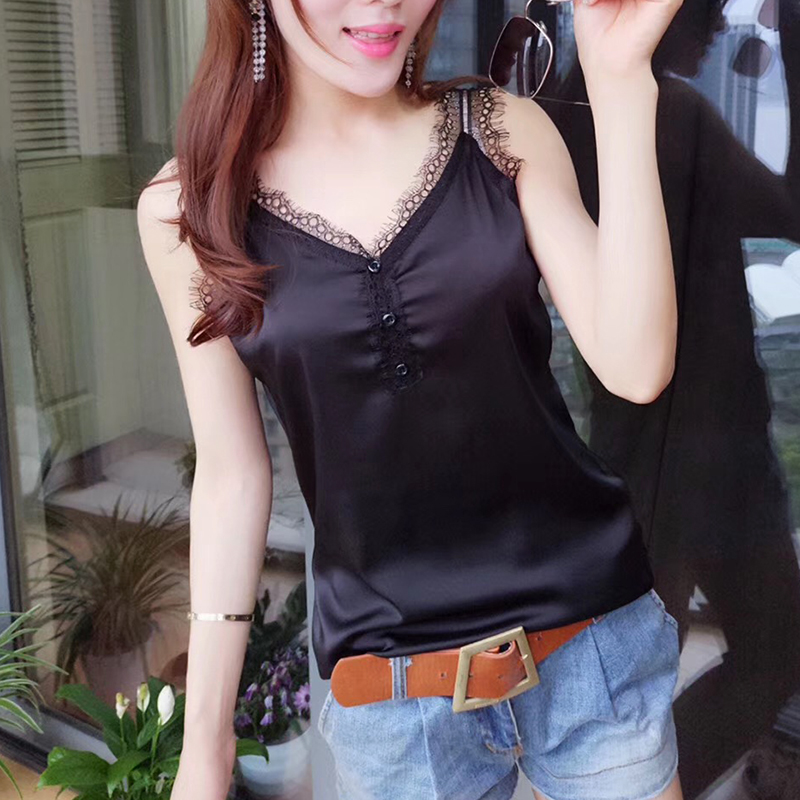 欧洲站真丝吊带小背心女外穿绸缎面蕾丝百搭修身显瘦大码打底上衣
