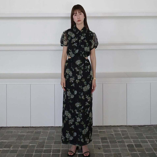 实拍！日系高定复古花柄清新泡泡短袖露腰镂空旗袍连衣裙肌理长裙