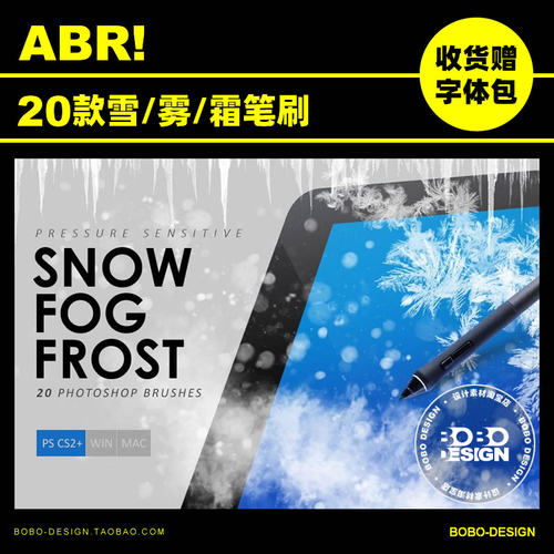 20款冬天暴风雪霜花薄雾冰霜雪花下雪飘雪abr笔刷质感PS设计素材