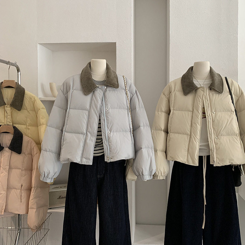 2025冬新品灯芯绒翻领羽绒服女加厚保暖外套韩版长袖面包服上衣