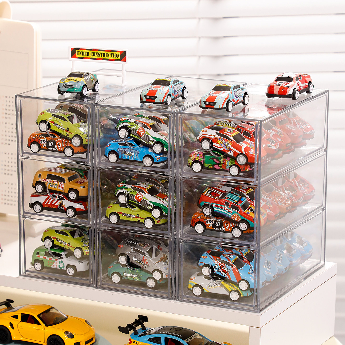 玩具小汽车桌面收纳盒透明抽屉式模型合金多美卡比美高多层展示架