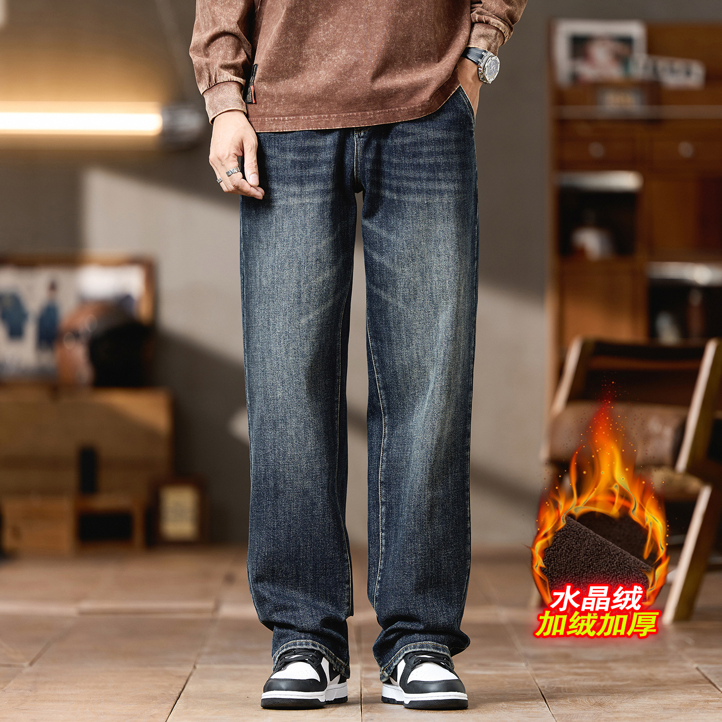 大码男士加绒加厚直筒牛仔裤