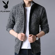 Playboy Mùa thu mùa đông Nam dày Áo len cardigan Zipper Zipper Cổ áo len Áo len hợp thời trang Hàn Quốc - Cardigan