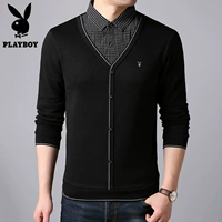 Playboy nam Mặc hai mảnh áo len nam dài tay áo cardigan Mới thanh niên Slim áo sơ mi cổ áo len - Cardigan vest nam