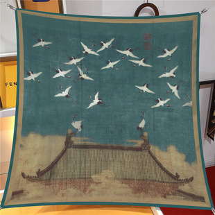 90cm新中式复古国风瑞鹤图百搭披肩大方巾旅游礼品围巾装饰壁画