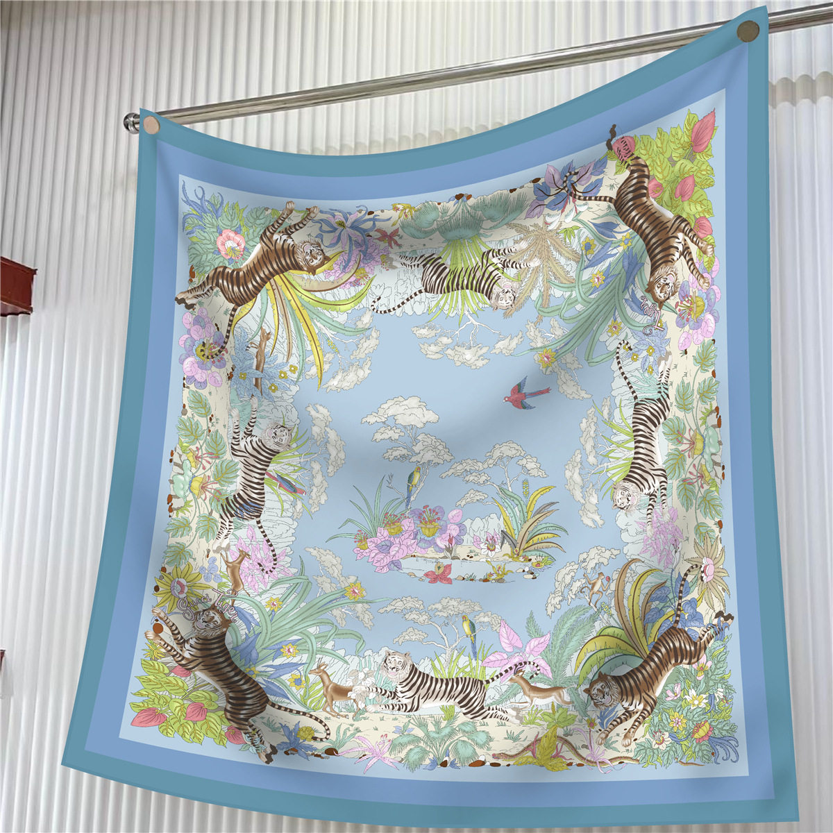 90cm韩版新款花鸟丛林老虎优质斜纹绸女士装饰防晒披肩大方巾围巾