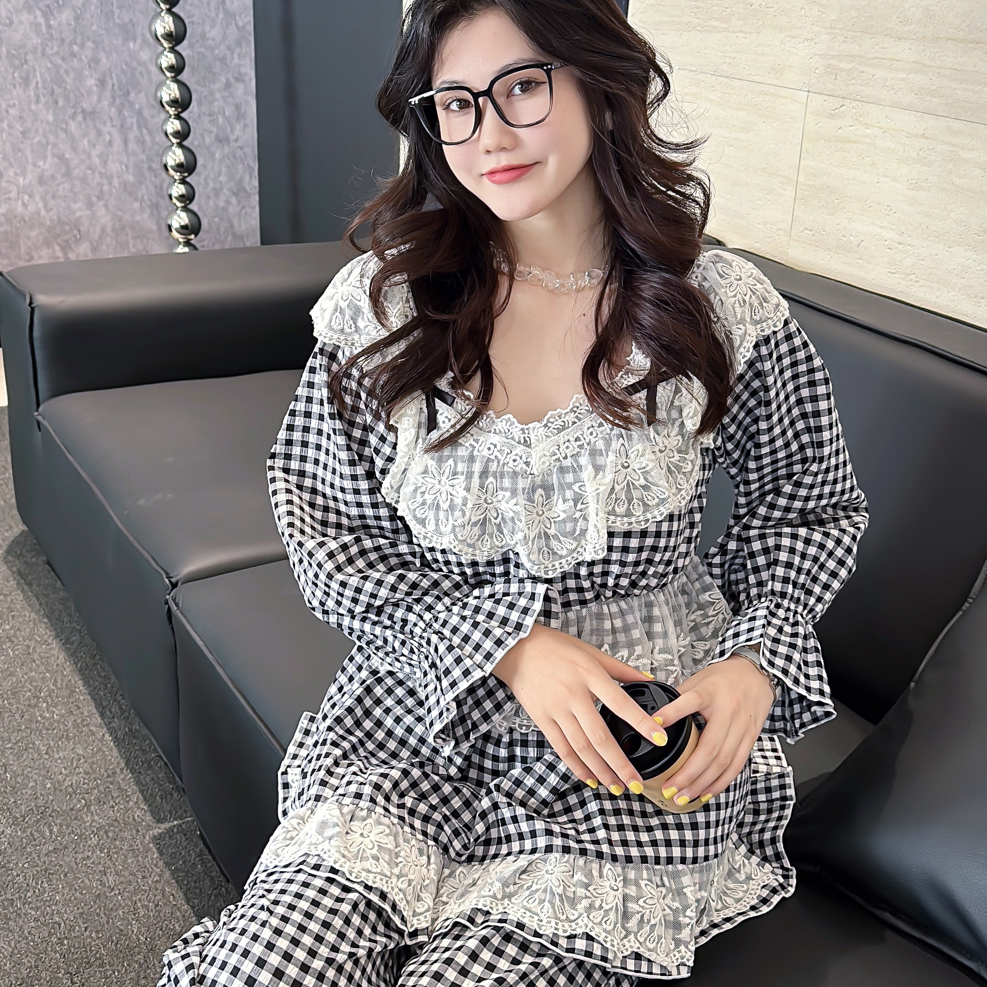 新品大码东大门泡泡格棉布宫廷风黑白格蕾丝长裤仙仙公秋季家居服