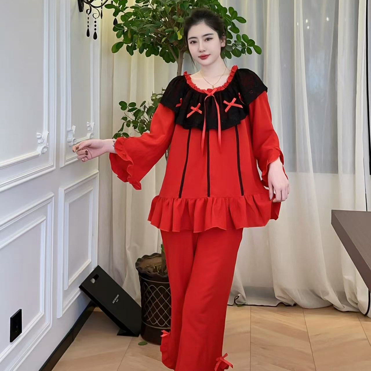 大码睡衣女秋冬胖MM泡泡沙一字肩红色结婚喜庆宫廷家居服套装