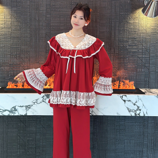 大码睡衣女秋冬胖MM 酒红V领长衣长裤冰瓷棉莫代尔遮胸宫廷套装